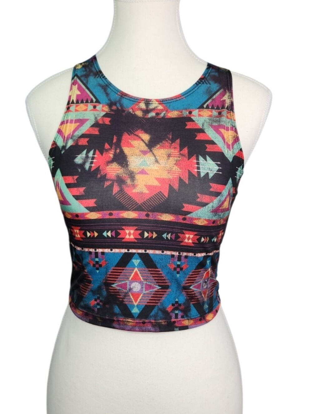 KTOO Aztec Tribal Print Crop High Neck Tank Top Med Boho Festival Southwest